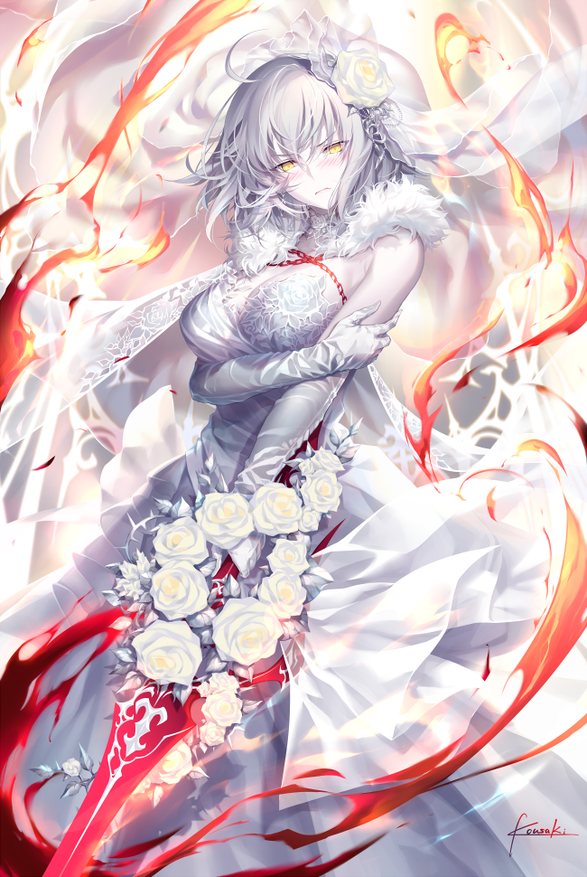 1girl artist_name bangs bare_shoulders blush breasts bridal_veil bride chains cleavage closed_mouth commentary_request dress elbow_gloves eyebrows_visible_through_hair fate/grand_order fate_(series) fire flower fur_collar gloves hair_ornament jeanne_d'arc_(alter)_(fate) jeanne_d'arc_(fate)_(all) kousaki_rui large_breasts looking_at_viewer pale_skin rose signature silver_hair solo sword veil weapon wedding_dress white_dress white_flower white_gloves white_rose yellow_eyes