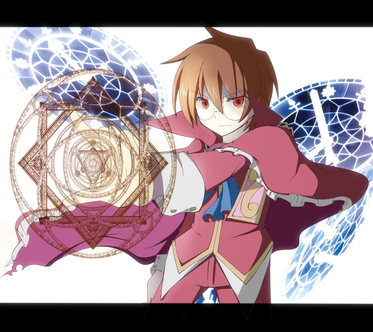 1boy brown_hair jacket long_sleeves looking_at_viewer magic_circle pants puyopuyo red_eyes red_jacket red_pants rento_(rukeai) sleeve_cuffs smile solo strange_klug white_background