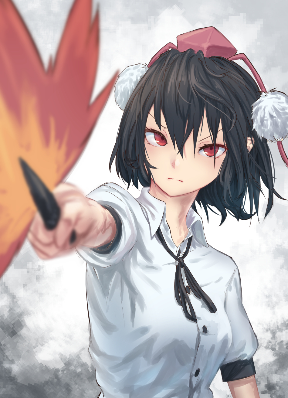 &gt;:( 1girl black_hair black_neckwear black_ribbon blurry_foreground breasts commentary_request fan foreshortening grey_background hat highres holding holding_fan leaf_fan looking_at_viewer medium_breasts neck_ribbon pom_pom_(clothes) puffy_short_sleeves puffy_sleeves red_eyes ribbon roke_(taikodon) shameimaru_aya shirt short_hair short_sleeves solo tassel tokin_hat touhou upper_body v-shaped_eyebrows white_shirt wing_collar