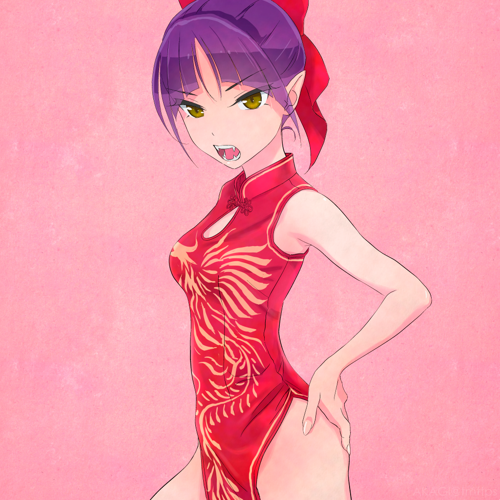 1girl akagi_(fmttps) bangs bare_shoulders bow china_dress chinese_clothes cleavage_cutout dress eyebrows_visible_through_hair fangs gegege_no_kitarou hair_bow hands_on_hips looking_at_viewer nekomusume_(gegege_no_kitarou_6) open_mouth parted_bangs pelvic_curtain pink_background pointy_ears purple_hair red_bow red_dress short_hair side_slit solo yellow_eyes