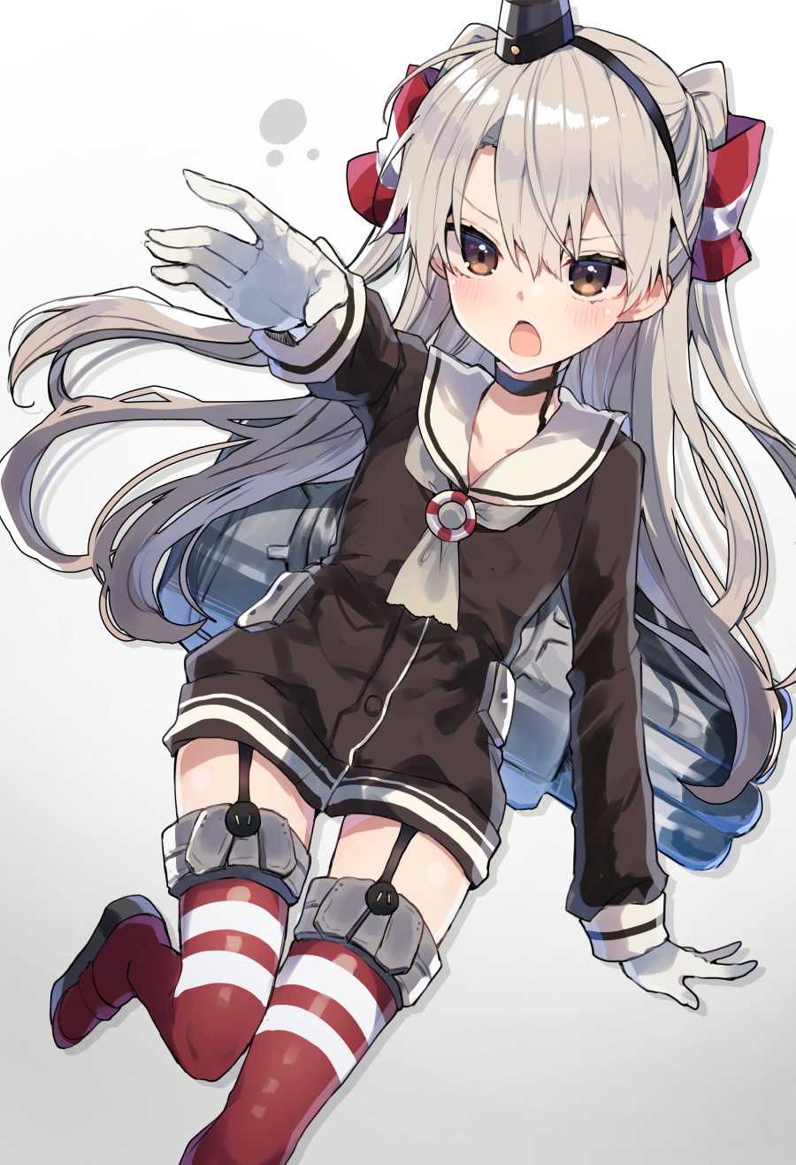 1girl amatsukaze_(kantai_collection) black_choker black_dress blush brown_eyes choker commentary_request dress eyebrows_visible_through_hair garter_straps gloves gradient gradient_background hair_between_eyes hair_tubes hairband hat highres horizontal-striped_legwear ikeuchi_tanuma innertube kantai_collection long_hair long_sleeves open_mouth outstretched_arm sailor_collar sailor_dress short_dress silver_hair solo striped striped_legwear thigh-highs torpedo two_side_up white_gloves white_sailor_collar zettai_ryouiki