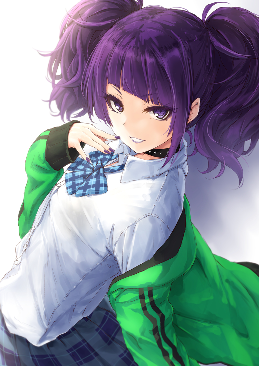 1girl choker grin idolmaster idolmaster_shiny_colors jacket looking_at_viewer nail_polish off_shoulder purple_hair purple_nails school_uniform skirt sleeves_past_wrists smile solo suien tanaka_mamimi twintails violet_eyes