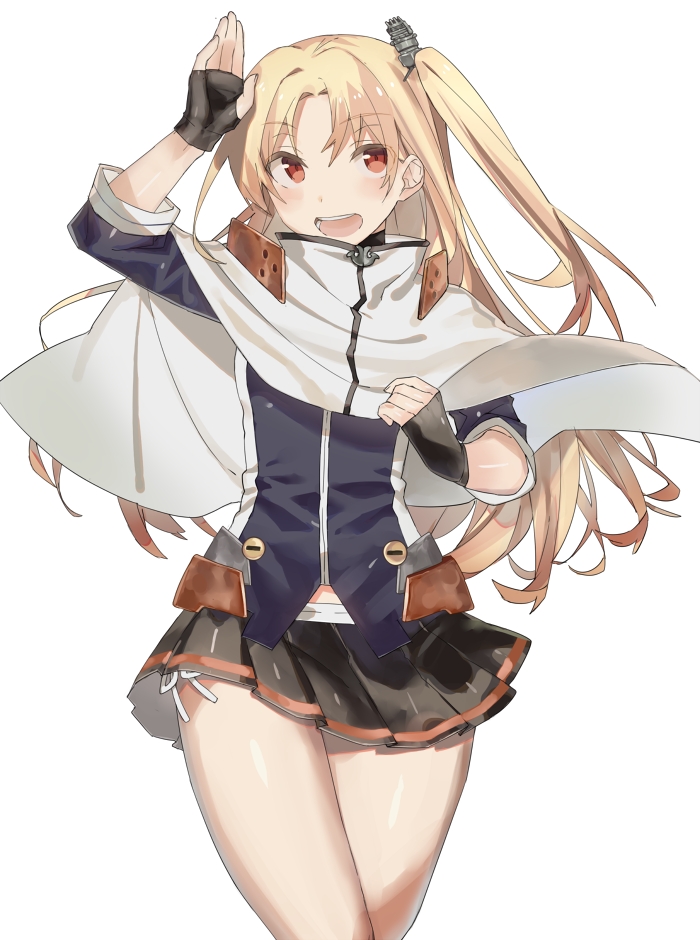 1girl :d azur_lane bangs black_gloves blonde_hair blue_shirt capelet cleveland_(azur_lane) cowboy_shot eyebrows eyebrows_visible_through_hair eyes_visible_through_hair facing_viewer fingerless_gloves gloves hair_between_eyes hair_intakes hair_ornament hand_up legs_together long_hair long_sleeves looking_away looking_up miniskirt one_side_up open_mouth panties pleated_skirt red_eyes ribbon shirotae_moyashi shirt side-tie_panties simple_background skirt smile solo straight_hair teeth tongue turtleneck underwear white_background white_capelet white_ribbon