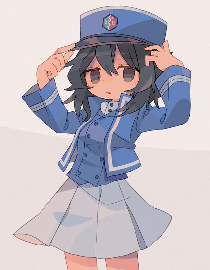 1girl adjusting_clothes adjusting_hat andou_(girls_und_panzer) bangs bc_freedom_(emblem) bc_freedom_military_uniform black_hair blue_hat blue_jacket blue_vest brown_eyes cowboy_shot daizu_(melon-lemon) dark_skin dress_shirt emblem frown girls_und_panzer grey_background hat high_collar jacket long_sleeves looking_at_viewer medium_hair messy_hair military military_hat military_uniform miniskirt parted_lips pleated_skirt shako_cap shirt skirt solo standing uniform vest white_shirt white_skirt