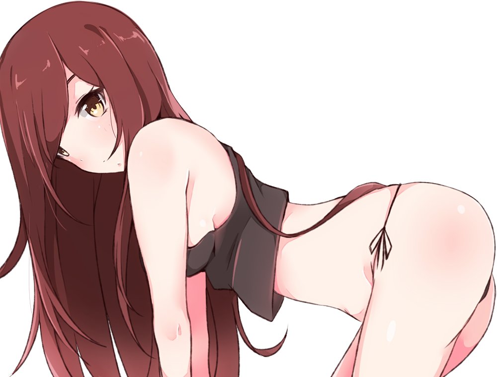 1girl :o all_fours bare_shoulders breasts brown_eyes brown_hair enelis idolmaster idolmaster_shiny_colors kneeling long_hair looking_at_viewer midriff oosaki_amana panties side-tie_panties sideboob sleeveless solo underwear