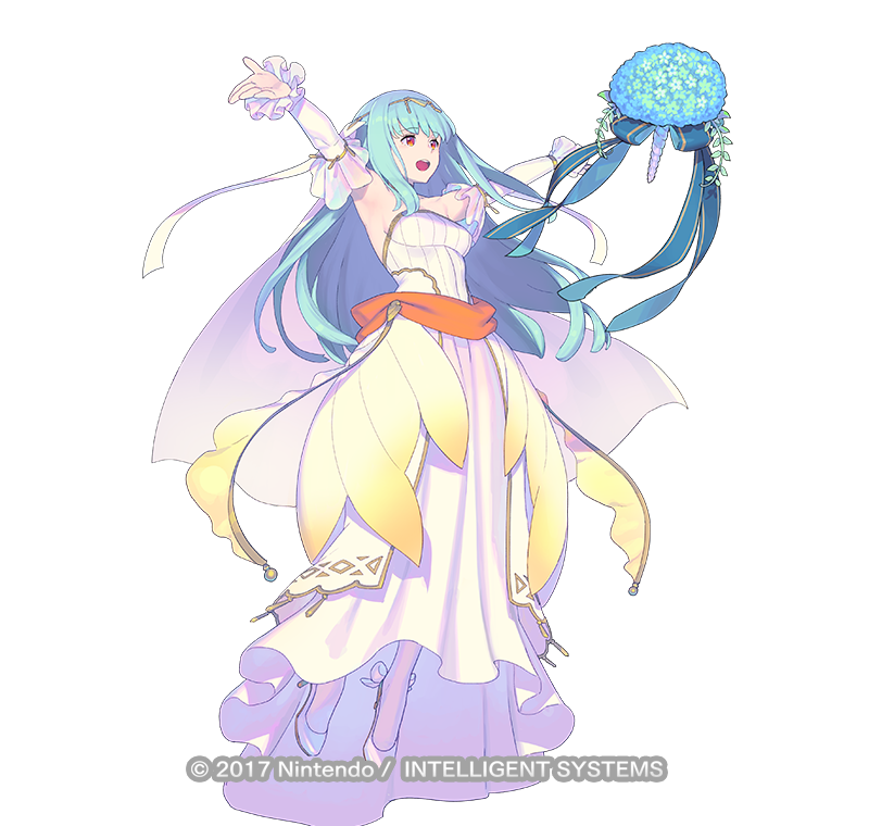 1girl bare_shoulders blue_hair bouquet bridal_veil bride cape dress fire_emblem fire_emblem:_rekka_no_ken fire_emblem_heroes flower formal full_body gloves hair_flower hair_ornament jewelry long_hair mamkute nagisa_kurousagi necklace ninian official_art open_mouth red_eyes smile solo strapless veil wedding_dress white_gloves