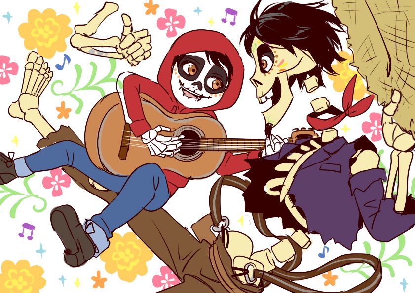 2boys bandanna black_hair brown_eyes coco_(disney) dark_skin detached_arm disney facial_hair goatee grandfather_and_grandson guitar hat hector_rivera hood instrument miguel_rivera multiple_boys short_hair skeleton skull smile straw_hat