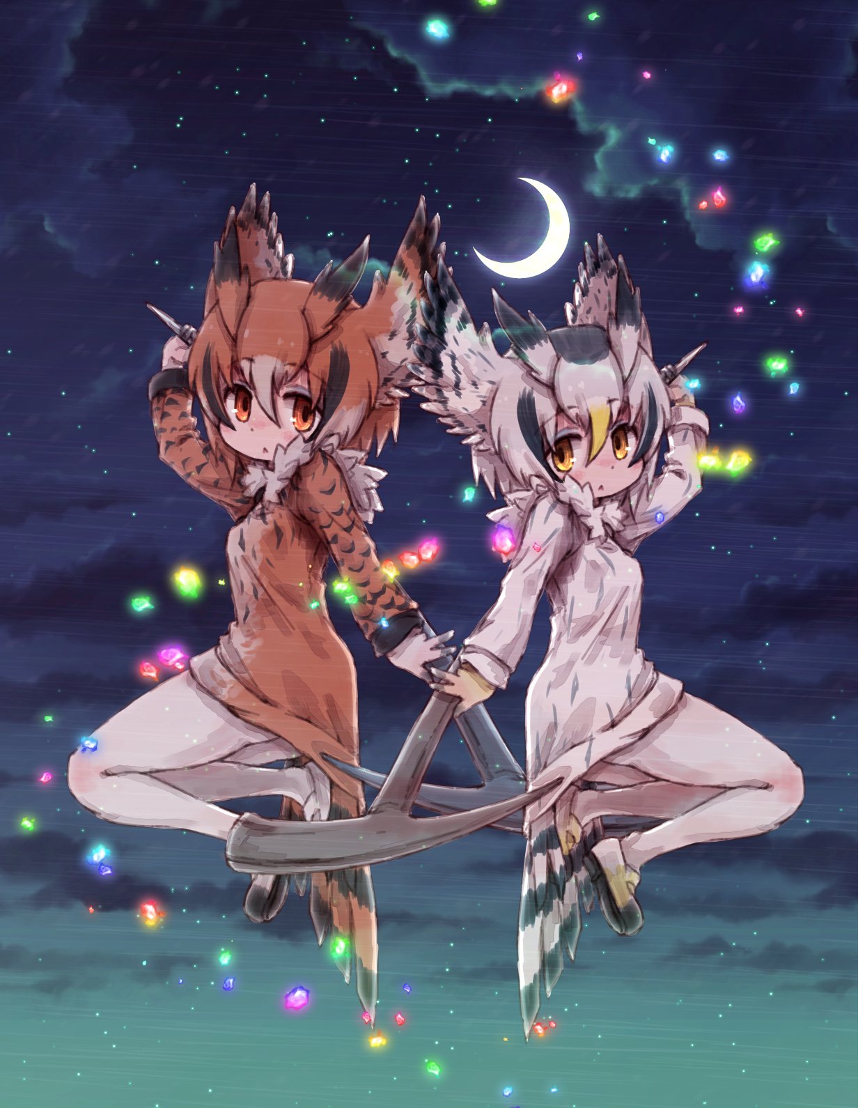 2girls :&lt; back-to-back bangs bird_tail bird_wings black_footwear black_gloves black_hair blonde_hair blush breasts brown_coat brown_hair closed_mouth clouds cloudy_sky coat crescent_moon eurasian_eagle_owl_(kemono_friends) eyebrows eyebrows_visible_through_hair facing_away feather_print feathered_wings feathers frown full_body fur_collar gloves hair_between_eyes head_wings highres holding kemono_friends kolshica long_sleeves looking_at_viewer mary_janes midair moon multicolored multicolored_clothes multicolored_coat multicolored_footwear multicolored_gloves multicolored_hair multiple_girls night night_sky northern_white-faced_owl_(kemono_friends) orange_eyes outdoors owl_girl pantyhose pickaxe sandstar shoes short_hair sky small_breasts star_(sky) starry_sky tail tareme white_coat white_footwear white_gloves white_hair white_legwear wings yellow_eyes yellow_footwear yellow_gloves