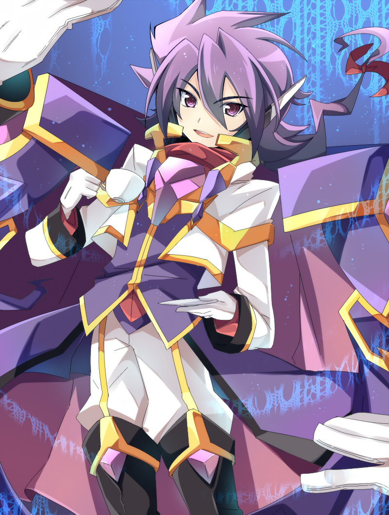 1boy black_footwear blue_background boots bow cape gloves holding holding_plate holding_teacup long_sleeves looking_at_viewer open_mouth pants plate purple_cape purple_coat purple_hair red_bow rento_(rukeai) saikyou_ginga_ultimate_zero_~battle_spirits~ smile solo spiky_hair violet_eyes white_gloves white_pants zero_the_flash