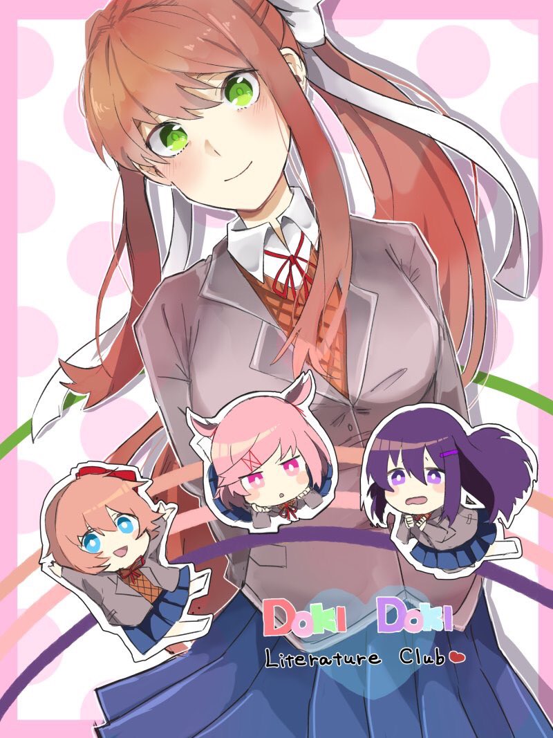 4girls blue_eyes blue_skirt brown_hair chibi commentary copyright_name doki_doki_literature_club green_eyes hair_ribbon head_tilt long_hair looking_at_viewer monika_(doki_doki_literature_club) multiple_girls natsuki_(doki_doki_literature_club) pink_eyes pink_hair pleated_skirt purple_hair ribbon sayori_(doki_doki_literature_club) school_uniform skirt smile violet_eyes white_ribbon yuri_(doki_doki_literature_club) zatta27