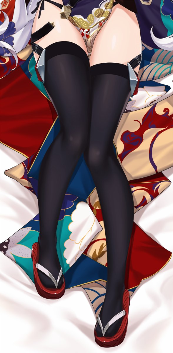 1girl black_legwear character_request copyright_request dakimakura highres long_hair lying on_back out_of_frame panties side-tie_panties solo thigh-highs tony_guisado traditional_clothes underwear white_hair