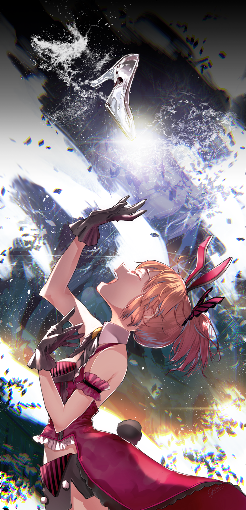 1girl abe_nana abstract_background animal_ears arm_garter arm_up ascot backlighting bare_shoulders black_gloves bow brooch bunny_tail chromatic_aberration closed_eyes commentary_request detached_collar fake_animal_ears fake_tail from_side glass_slipper gloves hair_bow highres idolmaster idolmaster_cinderella_girls idolmaster_cinderella_girls_starlight_stage jewelry light_particles miniskirt open_mouth orange_hair ponytail profile rabbit_ears skirt smile solo sparkle tail yae_(mono110)