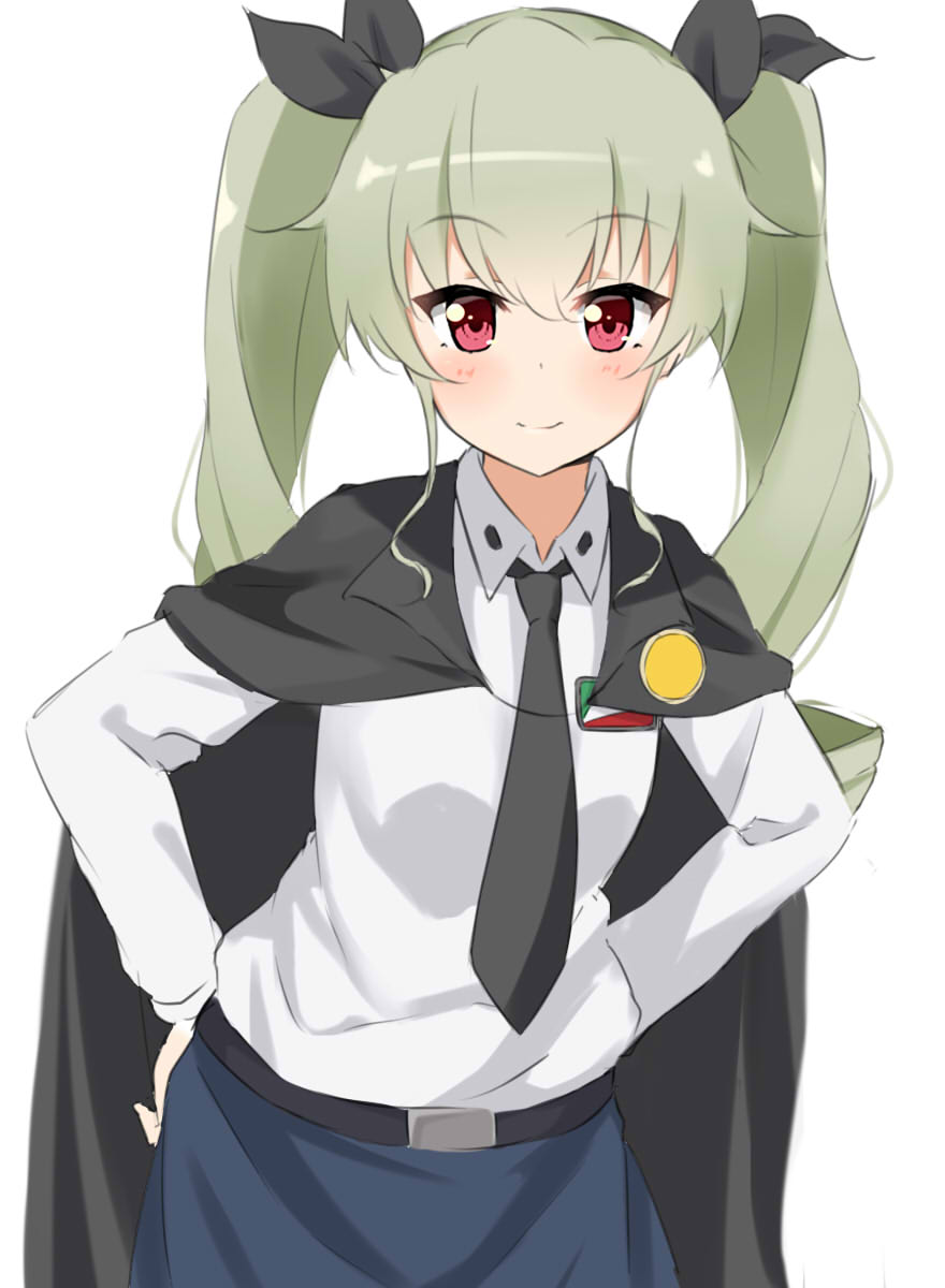 1girl anchovy anzio_school_uniform bangs belt black_belt black_cape black_neckwear black_ribbon black_skirt cape closed_mouth commentary dress_shirt drill_hair emblem eyebrows_visible_through_hair girls_und_panzer green_hair hair_ribbon hands_on_hips highres kohakope long_hair long_sleeves looking_at_viewer miniskirt necktie red_eyes ribbon school_uniform shirt simple_background skirt smile solo standing twin_drills twintails upper_body white_background white_shirt wing_collar