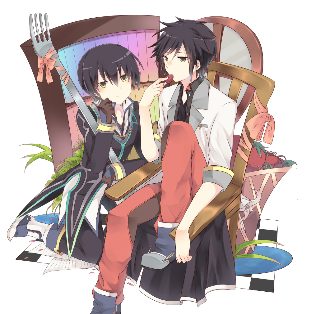 2boys black_hair black_jacket black_shirt blue_footwear brown_eyes brown_gloves chair checkered checkered_floor dual_persona eating food fork fruit gloves hand_on_own_cheek holding holding_fruit jacket jude_mathis kneeling multiple_boys on_chair pants plant red_pants rento_(rukeai) shirt sitting strawberry tales_of_(series) tales_of_xillia tales_of_xillia_2 white_coat window