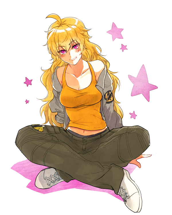 1girl amputee artist_request baggy_pants bare_shoulders blonde_hair blush breasts cleavage commentary_request full_body jacket long_hair looking_at_viewer medium_breasts navel pants parted_lips rwby shoes singlet sitting smile sneakers solo violet_eyes yang_xiao_long