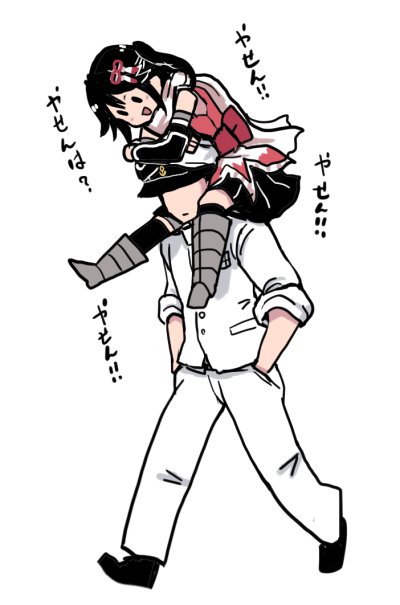 1boy 1girl :d admiral_(kantai_collection) black_hair carrying commentary_request faceless faceless_male full_body hair_ornament hands_in_pockets hat kantai_collection military military_uniform open_mouth peaked_cap remodel_(kantai_collection) scarf sendai_(kantai_collection) shoulder_carry side_ponytail simple_background sleeves_rolled_up smile terrajin translation_request uniform vambraces walking white_background