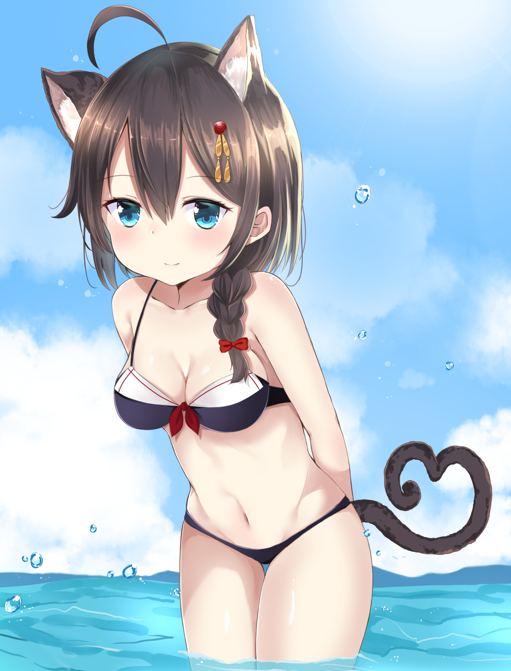 1girl ahoge animal_ears bangs bare_arms bare_shoulders bikini black_bikini blue_eyes blue_sky blush bow braid brown_hair cat_ears cat_girl cat_tail closed_mouth clouds commentary_request day eyebrows_visible_through_hair hair_between_eyes hair_bow hair_ornament heart heart_tail highres kantai_collection kemonomimi_mode leaning_forward long_hair navel noeru_(gt17854) ocean outdoors red_bow shigure_(kantai_collection) side_braid single_braid sky smile solo swimsuit tail wading water water_drop