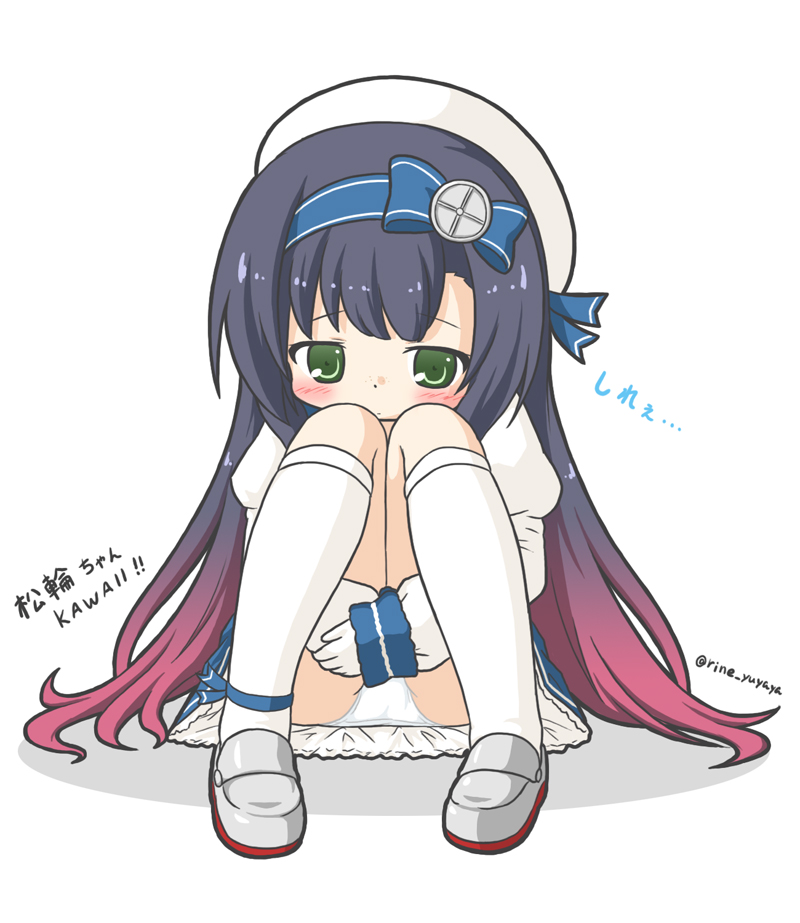 1girl bangs beret blue_bow blue_skirt blush bow closed_mouth commentary_request eyebrows_visible_through_hair gloves gradient_hair green_eyes grey_footwear hat juliet_sleeves kantai_collection kneehighs leg_hug loafers long_sleeves matsuwa_(kantai_collection) multicolored_hair panties puffy_sleeves purple_hair rinechun romaji school_uniform serafuku shoes sitting skirt sleeves_past_wrists solo translated twitter_username underwear white_background white_gloves white_hat white_legwear white_panties