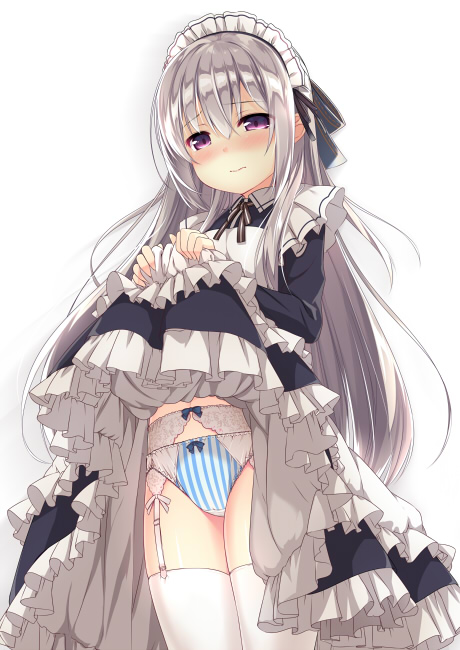 1girl apron bangs black_dress blue_bow blush bow bow_panties closed_mouth commentary_request cowboy_shot dress dress_lift eyebrows_visible_through_hair frilled_dress frills garter_belt hair_between_eyes lifted_by_self long_hair long_sleeves looking_at_viewer maid maid_apron maid_headdress nose_blush original panties silver_hair simple_background solo striped thigh-highs underwear usume_shirou vertical-striped_panties vertical_stripes very_long_hair violet_eyes white_apron white_background white_legwear