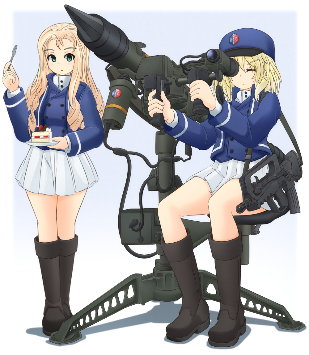2girls bangs bc_freedom_(emblem) bc_freedom_military_uniform black_footwear blonde_hair blue_background blue_hat blue_jacket blue_vest boots cake closed_eyes closed_mouth commentary_request dress_shirt drill_hair emblem eyebrows_visible_through_hair food fork full_body girls_und_panzer gradient gradient_background green_eyes gun hat high_collar holding ichigotofu jacket knee_boots light_frown long_hair long_sleeves looking_at_viewer marie_(girls_und_panzer) medium_hair messy_hair military military_hat military_uniform miniskirt multiple_girls oshida_(girls_und_panzer) parted_lips pleated_skirt saucer shadow shako_cap shirt sitting skirt standing submachine_gun sweatdrop uniform vest weapon weapon_request white_shirt white_skirt