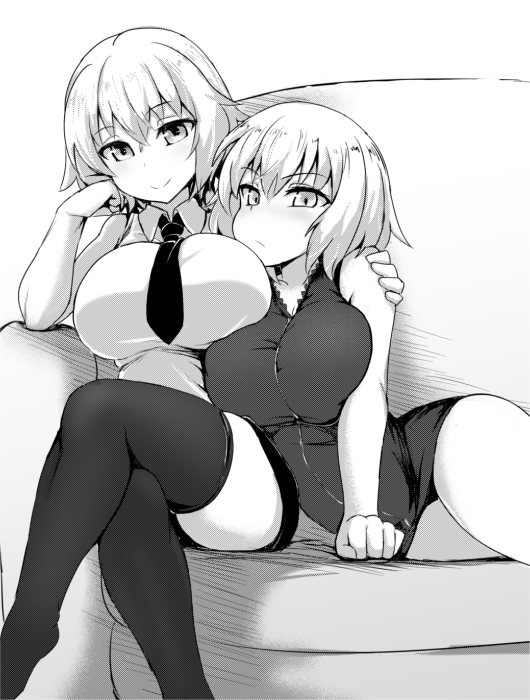 2girls arm_around_shoulder arm_support bangs breasts chin_rest closed_mouth collared_shirt commentary couch dress dress_tug elbow_rest eyebrows_visible_through_hair fate/grand_order fate_(series) frown highres jeanne_d'arc_(alter)_(fate) jeanne_d'arc_(fate) jeanne_d'arc_(fate)_(all) large_breasts legs_crossed lying medium_hair microdress miniskirt multiple_girls necktie on_side pencil_skirt shanaharuhi shirt sitting skirt smile thigh-highs wing_collar zipper