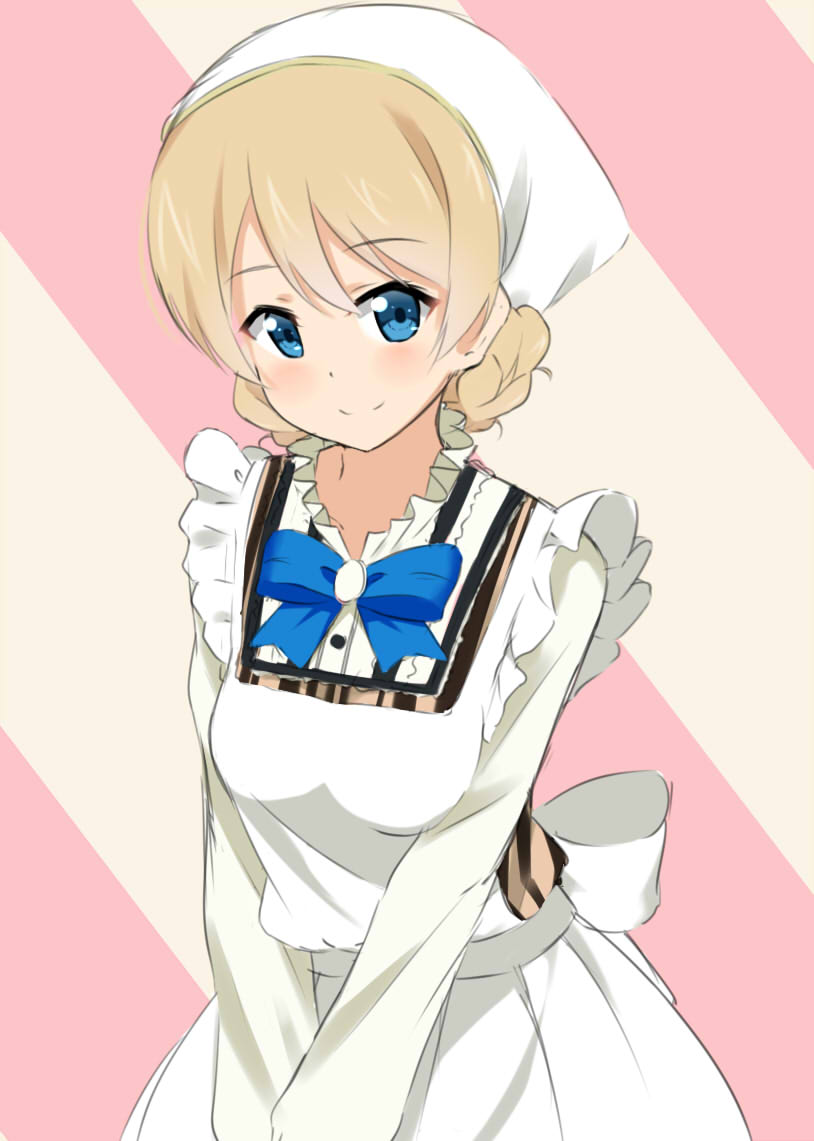 1girl apron bandanna bangs blonde_hair blue_bow blue_eyes bow braid brooch closed_mouth commentary darjeeling diagonal-striped_background diagonal_stripes dress girls_und_panzer jewelry kohakope long_sleeves looking_at_viewer maid_apron pink_background short_hair smile solo standing striped striped_background tied_hair twin_braids upper_body v_arms white_apron white_dress