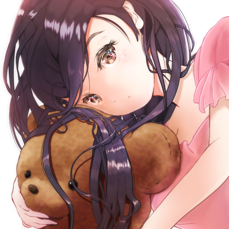 1girl black_hair brown_eyes holding holding_stuffed_animal long_hair looking_at_viewer lyandi original pink_shirt shirt simple_background solo stuffed_animal stuffed_toy teddy_bear upper_body white_background