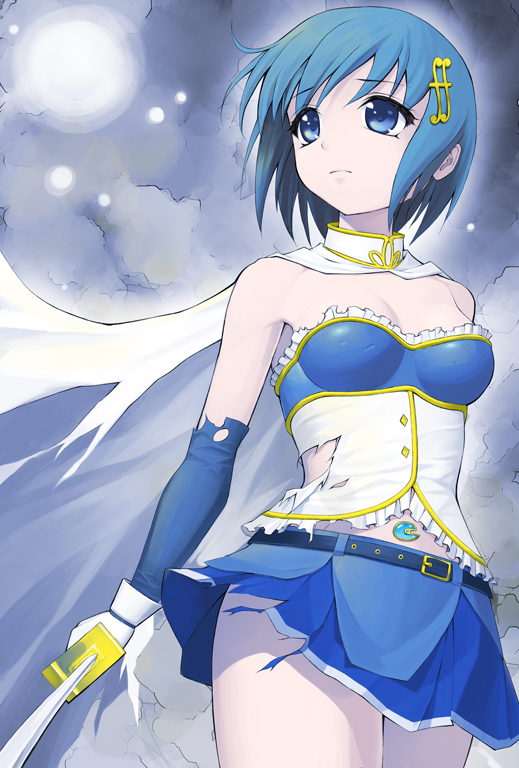 amane_satsuki bare_shoulders belt blue_eyes blue_hair breasts buckle cape capelet elbow_gloves frills from_below gloves hair_ornament hairclip holding magical_girl mahou_shoujo_madoka_magica mahou_shoujo_madoka_magica_movie midriff miki_sayaka miniskirt sad short_hair skirt small_breasts soul_gem sword torn_clothes weapon