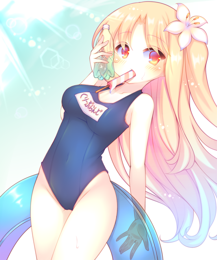 1girl azur_lane bangs blonde_hair blue_hair blue_innertube blue_swimsuit blush bottle breasts cleveland_(azur_lane) collarbone covered_navel eyebrows_visible_through_hair flower food food_in_mouth gradient_hair groin hair_flower hair_ornament highleg highleg_swimsuit holding holding_bottle holding_innertube innertube long_hair looking_at_viewer medium_breasts mouth_hold multicolored_hair name_tag old_school_swimsuit one-piece_swimsuit one_side_up parted_bangs popsicle red_eyes sakurato_ototo_shizuku school_swimsuit solo swimsuit transparent very_long_hair water_bottle wet white_flower