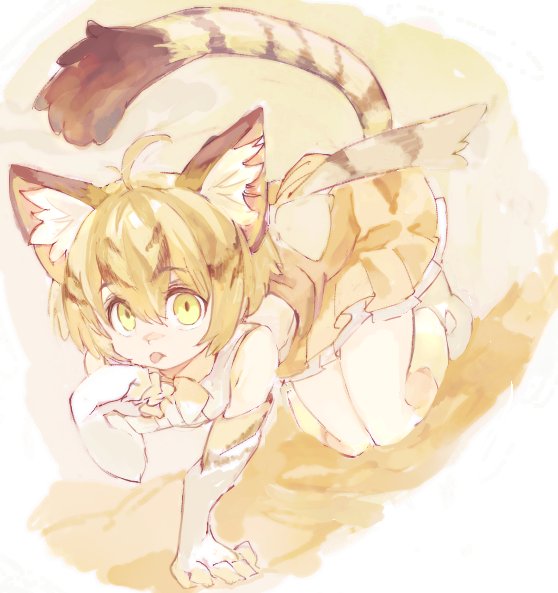 1girl all_fours animal_ears back_bow bare_shoulders blonde_hair cat_ears cat_tail commentary_request elbow_gloves eyebrows_visible_through_hair finger_licking frilled_skirt frills gloves kemono_friends konabetate licking multicolored_hair sand_cat_(kemono_friends) short_hair skirt solo tail thigh-highs vest yellow_eyes