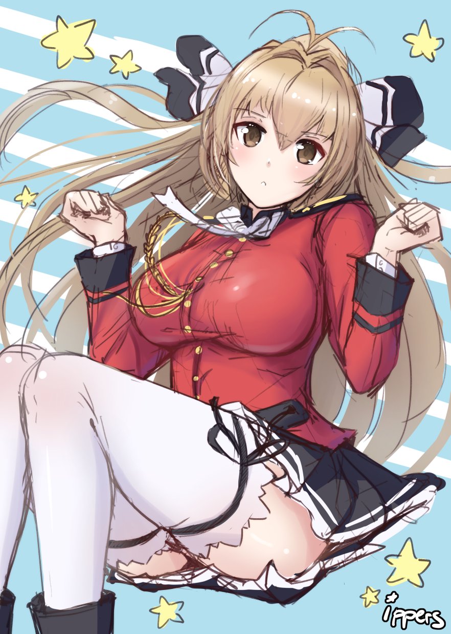 1girl aiguillette amagi_brilliant_park antenna_hair arms_up black_footwear black_skirt bow breasts brown_eyes brown_hair commentary hair_bow hair_intakes hair_ribbon highres ippers large_breasts long_hair military military_uniform pleated_skirt ponytail ribbon sento_isuzu simple_background sketch skirt star thigh-highs thigh_strap uniform white_legwear