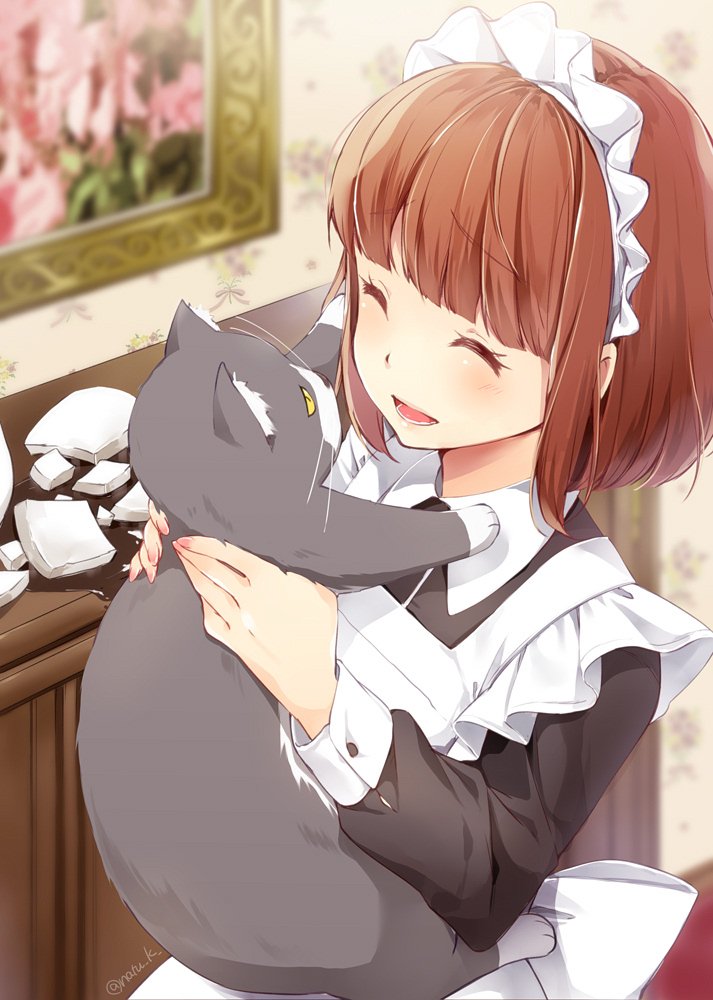 1girl ^_^ apron black_cat broken_vessel brown_hair cat character_request closed_eyes commentary_request copyright_request hazuki_natsu holding holding_cat maid maid_headdress medium_hair soft_focus solo