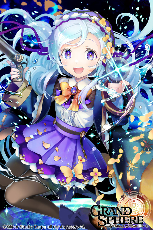 1girl :d blue_eyes brown_legwear bug butterfly copyright_name dual_wielding gun hairband holding holding_gun holding_weapon insect kuroi light_blue_hair lolita_fashion long_hair long_sleeves official_art open_mouth original pantyhose purple_skirt skirt smile sparkle watermark weapon