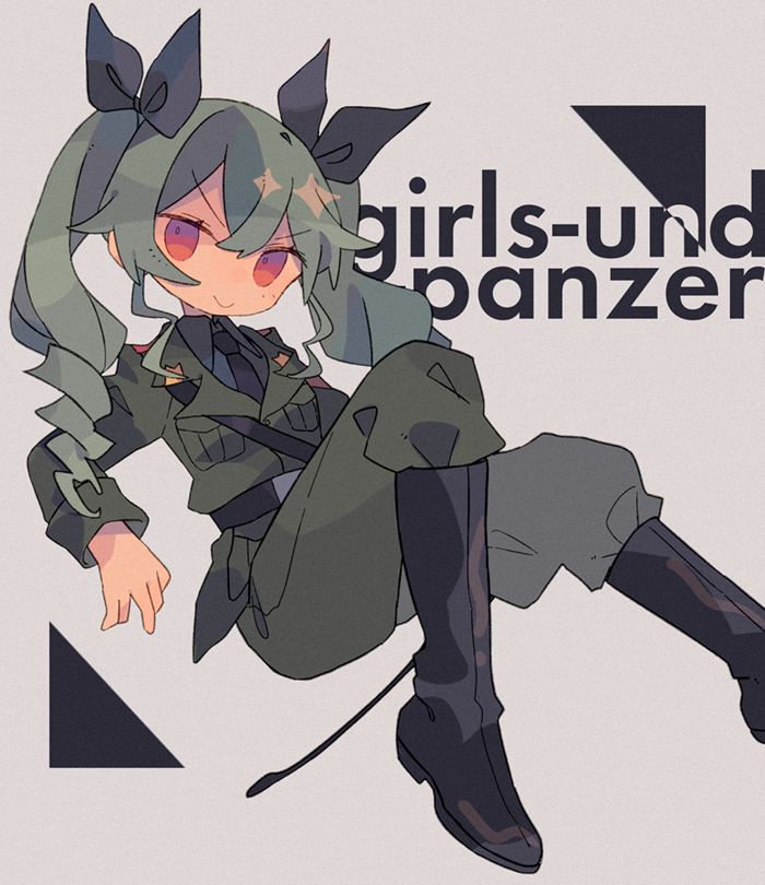 1girl anchovy anzio_military_uniform bangs belt black_belt black_footwear black_ribbon black_shirt boots closed_mouth copyright_name daizu_(melon-lemon) dress_shirt drill_hair girls_und_panzer green_hair grey_background grey_jacket grey_pants hair_ribbon holding invisible_chair jacket knee_boots long_hair long_sleeves looking_at_viewer military military_uniform pants red_eyes ribbon riding_crop sam_browne_belt shirt sitting smile solo twin_drills twintails uniform v-shaped_eyebrows wing_collar