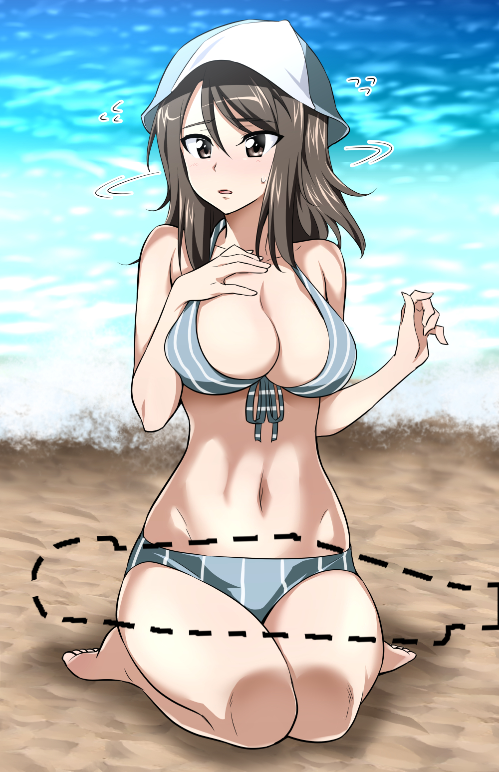 1girl bangs barefoot beach bikini blue_bikini breasts cleavage commentary_request day flustered flying_sweatdrops front-tie_bikini front-tie_top full_body girls_und_panzer hand_on_own_chest highres light_frown long_hair mika_(girls_und_panzer) motion_lines nakahira_guy navel no_kantele ocean outdoors outline parted_lips seiza sitting solo striped sweatdrop swimsuit vertical-striped_bikini vertical_stripes