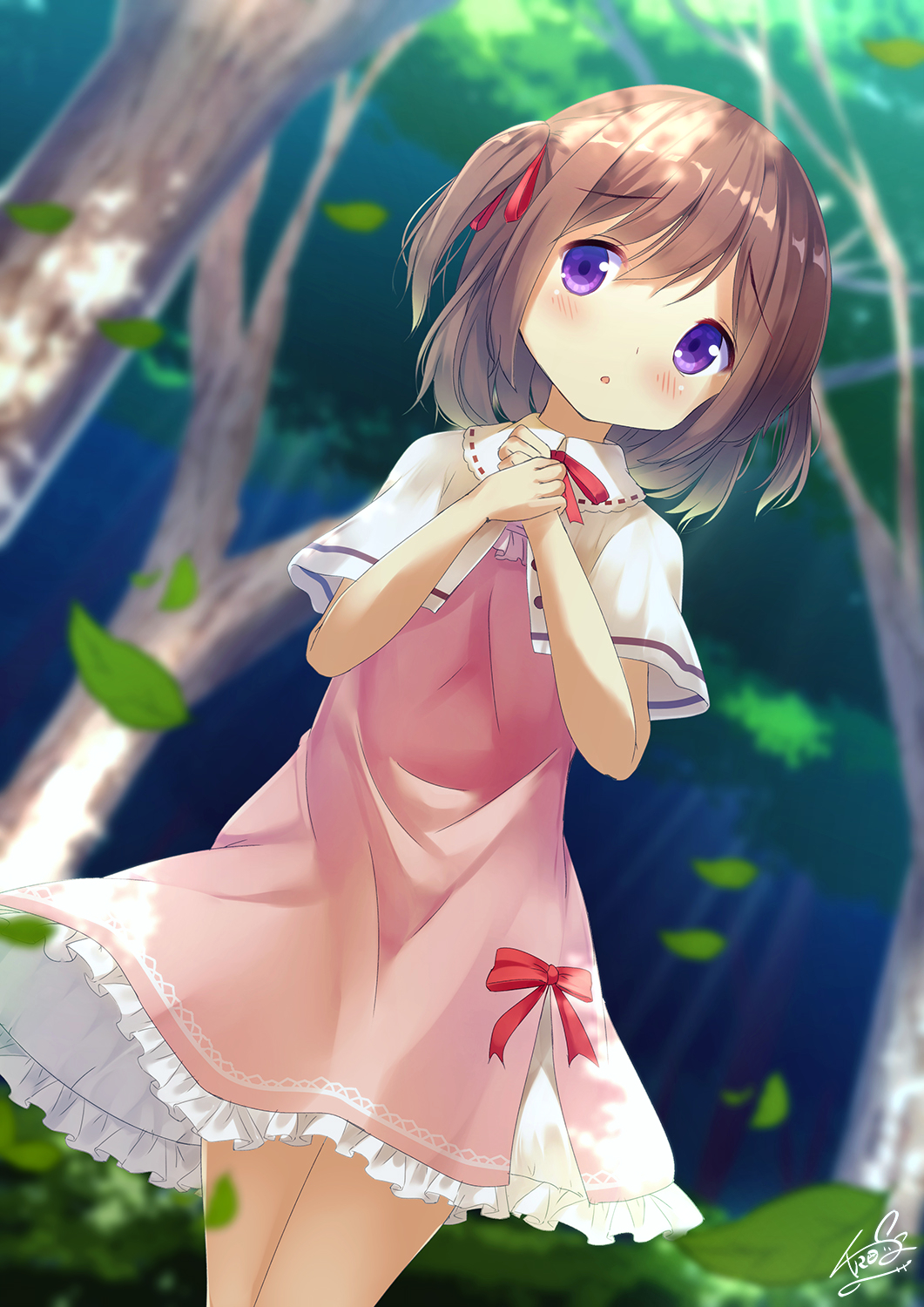 1girl bangs blurry blurry_background blush brown_hair capelet chinomaron commentary_request day depth_of_field dress dutch_angle eyebrows_visible_through_hair flower_knight_girl forest hair_between_eyes hands_up highres leaf long_hair nature outdoors own_hands_together parted_lips pink_dress red_neckwear signature solo tree tsutsuji_(flower_knight_girl) two_side_up violet_eyes white_capelet