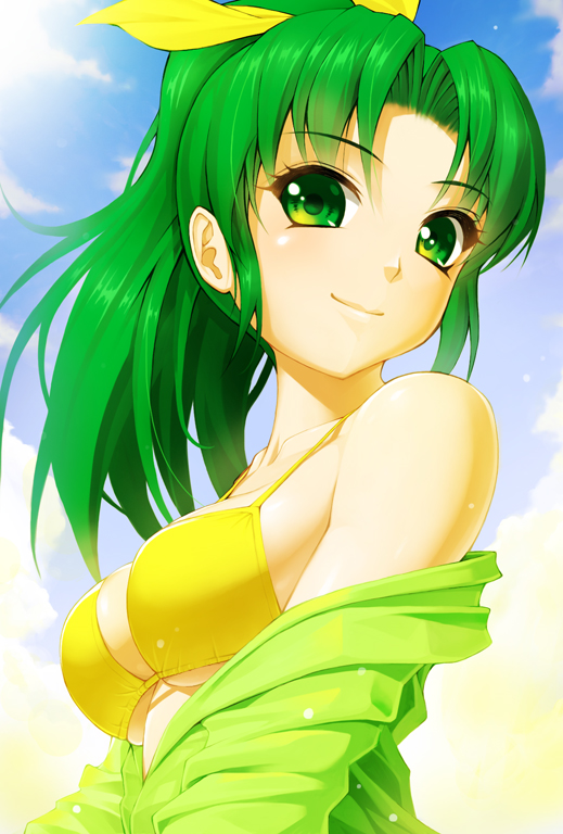 1girl amane_satsuki bare_shoulders bikini breasts clouds cloudy_sky from_below green_eyes green_hair hair_ribbon lens_flare long_hair long_sleeves looking_at_viewer midorikawa_nao off_shoulder ponytail precure ribbon sky smile_precure! solo swimsuit under_boob yellow_bikini