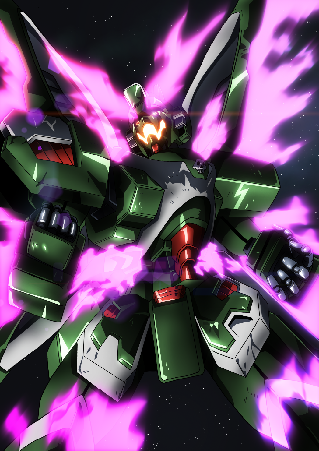 commentary_request crossbone_gundam fire glowing glowing_eyes gundam highres mecha no_humans phantom_gundam skull space star_(sky) tyuuboutyauyo yellow_eyes