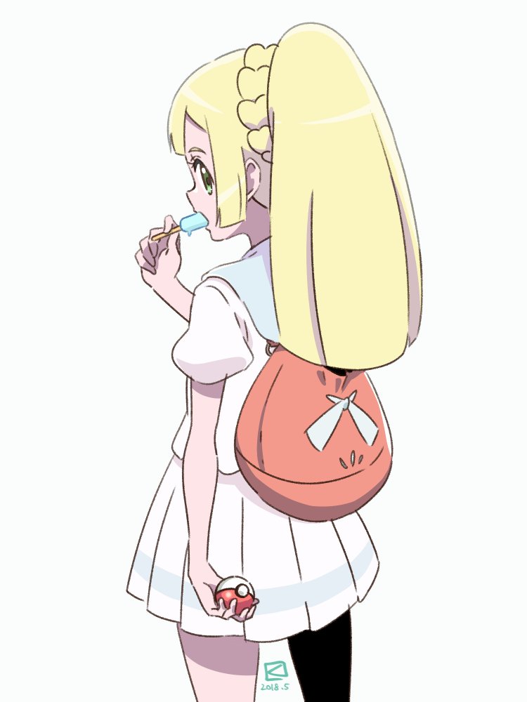 1girl backpack bag blonde_hair food from_behind green_eyes holding holding_poke_ball kueru_(yuuki_tamerawanai) lillie_(pokemon) long_hair looking_back poke_ball pokemon pokemon_(game) pokemon_sm ponytail popsicle shirt short_sleeves simple_background skirt solo white_background white_shirt white_skirt