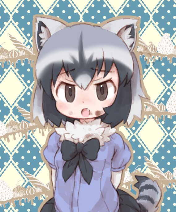 1girl animal_ears argyle argyle_background arms_behind_back bangs black_bow black_hair black_neckwear black_skirt bow bowtie breasts brown_eyes chocolate common_raccoon_(kemono_friends) eyebrows eyebrows_visible_through_hair fang food food_on_face fur_collar furrowed_eyebrows grey_hair hair_between_eyes kemono_friends kolshica looking_at_viewer miniskirt multicolored_hair open_mouth pleated_skirt polka_dot polka_dot_background purple_shirt raccoon_ears raccoon_tail shirt short_hair skirt small_breasts solo striped_tail tail white_hair