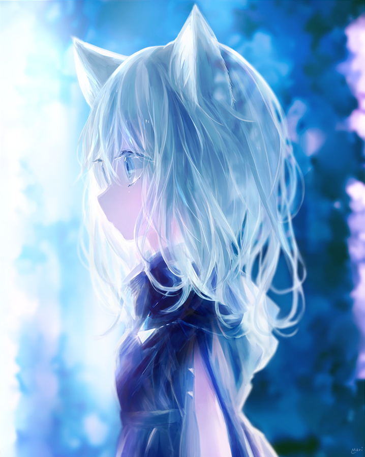 1girl animal_ears aqua_hair bangs blue_eyes blurry blurry_background cat_ears commentary_request expressionless from_side koneko_mari medium_hair original profile silver_hair solo upper_body