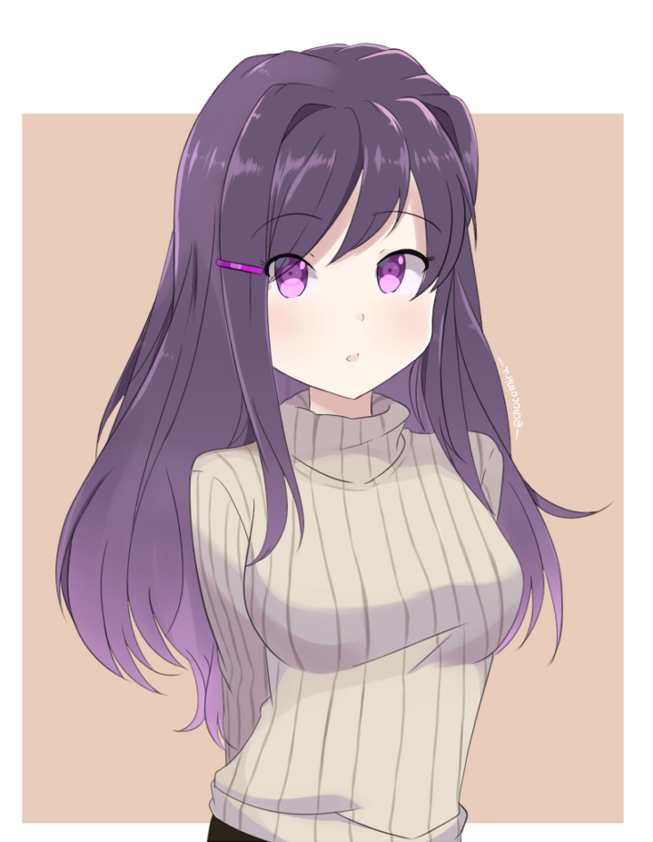 1girl arms_behind_back casual chocomiru commentary doki_doki_literature_club english_commentary eyebrows_visible_through_hair eyes_visible_through_hair hair_ornament hairclip long_hair looking_at_viewer open_mouth purple_hair ribbed_sweater simple_background solo sweater upper_body yuri_(doki_doki_literature_club)