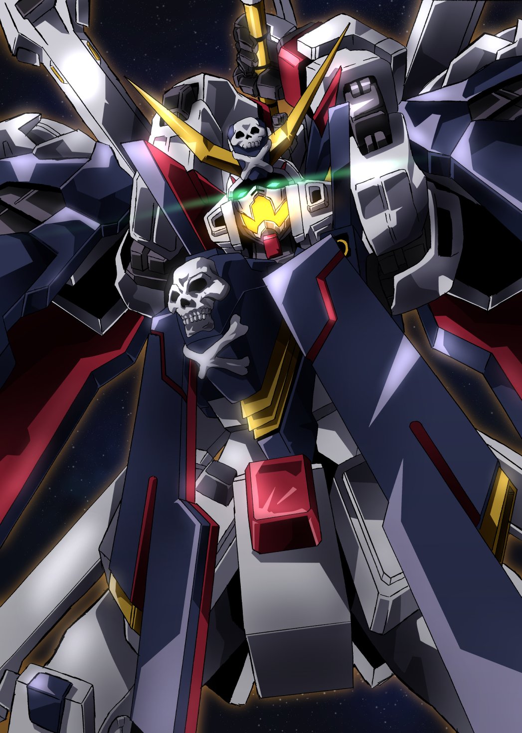 commentary_request crossbone_gundam_x-1_full_cloth glowing glowing_eyes green_eyes gundam highres mecha no_humans skull_and_crossbones space star_(sky) tyuuboutyauyo weapon