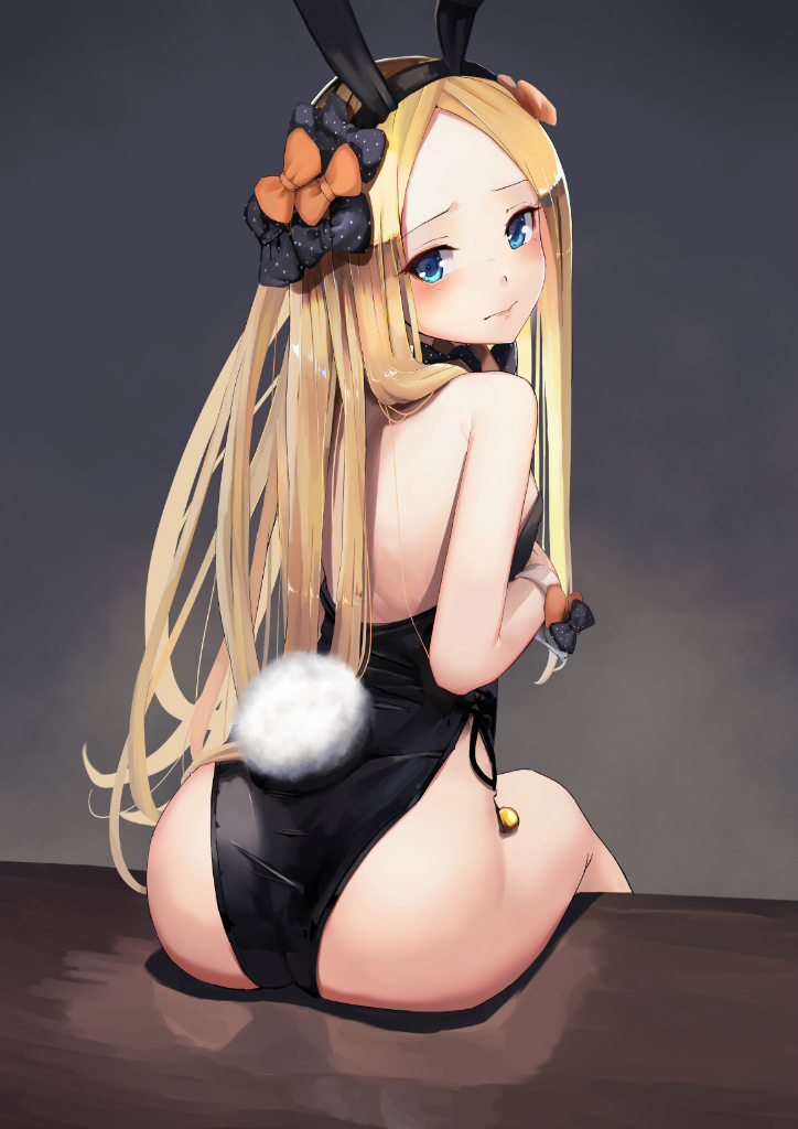 1girl abigail_williams_(fate/grand_order) animal_ears ass bangs bare_shoulders black_bow black_hairband black_leotard blonde_hair blue_eyes blush bow breasts bunny_girl bunny_tail bunnysuit closed_mouth fake_animal_ears fate/grand_order fate_(series) forehead hair_bow hairband head_tilt leotard long_hair looking_at_viewer looking_back orange_bow parted_bangs polka_dot polka_dot_bow rabbit_ears sitting small_breasts solo strapless strapless_leotard sunga2usagi tail very_long_hair wrist_cuffs