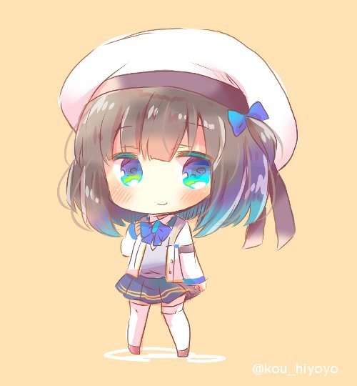 1girl acasta_(azur_lane) azur_lane bangs beret blue_bow blue_eyes blue_neckwear blue_skirt blush bow bowtie brown_background brown_footwear brown_hair chibi closed_mouth collared_shirt commentary_request eyebrows_visible_through_hair full_body hat jacket kouu_hiyoyo long_hair long_sleeves one_side_up open_clothes open_jacket pleated_skirt shirt short_hair skirt sleeves_past_wrists smile solo standing sweater_vest thigh-highs twitter_username white_hat white_jacket white_legwear white_shirt