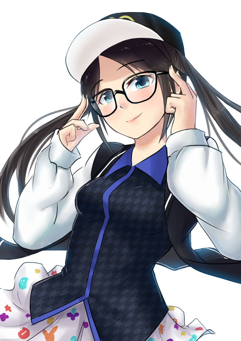 1girl artist_request baseball_cap black_hair blue_eyes blush cowboy_shot eyebrows_visible_through_hair glasses hat idolmaster idolmaster_shiny_colors jacket long_hair looking_at_viewer mitsumine_yuika simple_background smile solo twintails white_background