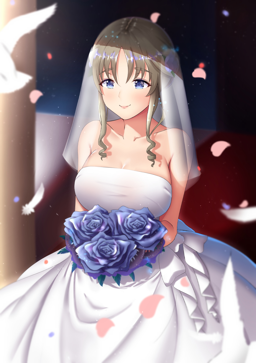 1girl bird blue_eyes blue_flower blue_rose blurry bouquet breasts bridal_veil bride brown_hair commentary_request darling_in_the_franxx dearonnus depth_of_field dove dress feathers flower highres kokoro_(darling_in_the_franxx) large_breasts long_hair petals rose smile solo strapless strapless_dress veil wedding_dress white_dress