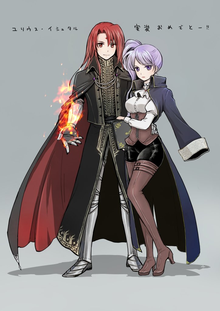 1boy 1girl alvis_(fire_emblem) artist_request breasts cape earrings fire fire_emblem fire_emblem:_seisen_no_keifu fire_emblem_heroes formal gloves high_heels ishtar_(fire_emblem) jewelry long_hair looking_at_viewer pantyhose ponytail red_eyes redhead side_ponytail skirt smile suit violet_eyes