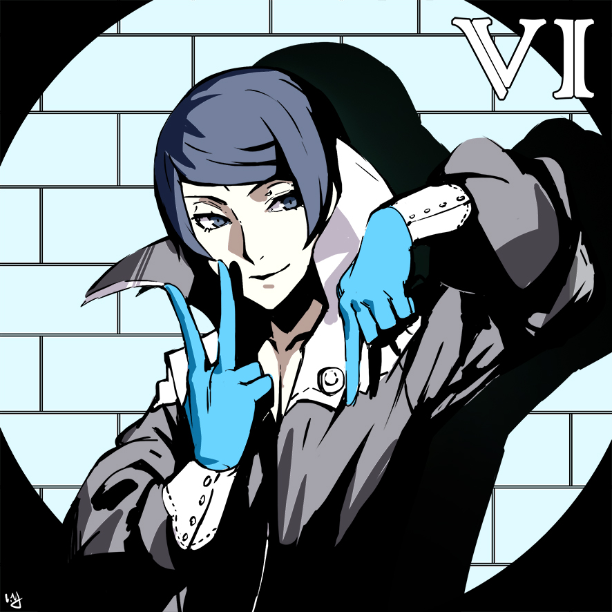 1boy blue_eyes blue_gloves blue_hair gloves index_finger_raised kitagawa_yuusuke nanaya_(daaijianglin) persona persona_5 shadow smile solo solo_focus upper_body v