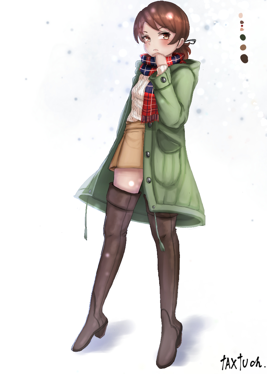 1girl adjusting_scarf artist_name bangs black_footwear black_ribbon boots brown_eyes brown_hair brown_skirt casual closed_mouth coat color_guide fringe frown girls_und_panzer green_coat hair_ribbon high_heel_boots high_heels highres hooded_coat kawanishi_shinobu long_hair miniskirt open_clothes open_coat plaid plaid_scarf red_scarf ribbed_sweater ribbon scarf short_hair short_ponytail signature skirt snow solo sweater swept_bangs tacch thigh-highs thigh_boots white_sweater winter_clothes